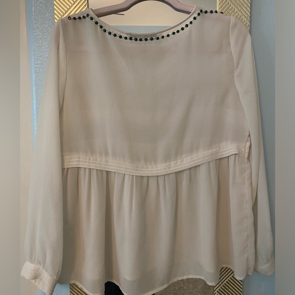 Zara Semi Sheer White with Emerald and Gold Beaded Chiffon Blouse - Picture 7 of 9
